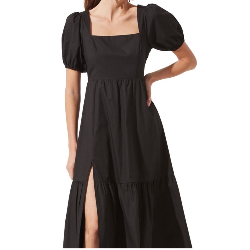 Astr puff sleeve midi dress — black, cotton, slit, square neck